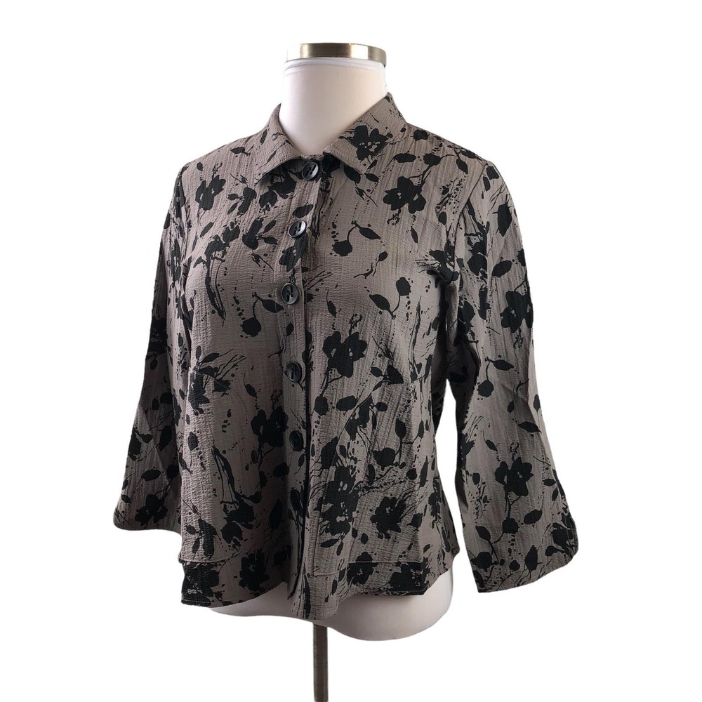 Habitat Floral Splatter Crinkle Textured Button Up Swing Top Taupe Black Small - Picture 2 of 12
